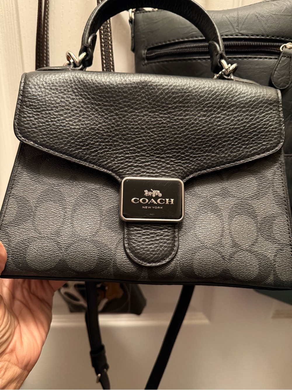 Coach Black Signature Canvas Top-Handle Satchel with Leather Trim
